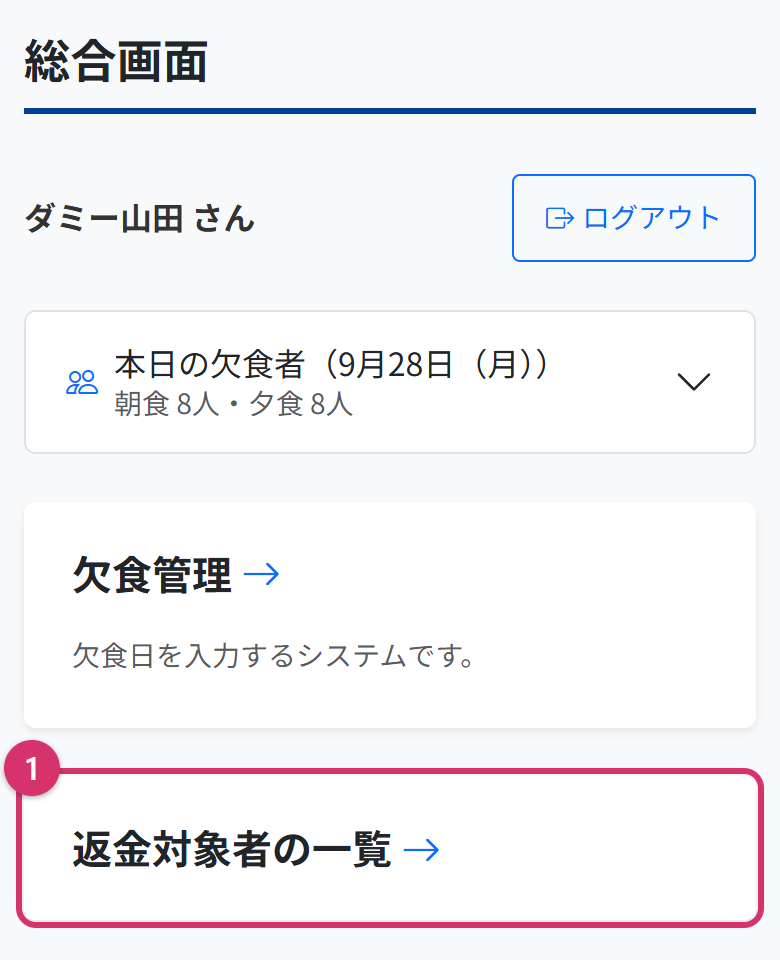 会計部員の総合画面。欠食管理のカードの下に、返金対象者の一覧のカードがあり、1の印